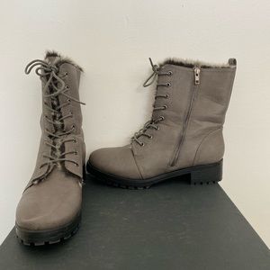 JustFab Gray Leather Combat Boots Fur Lined